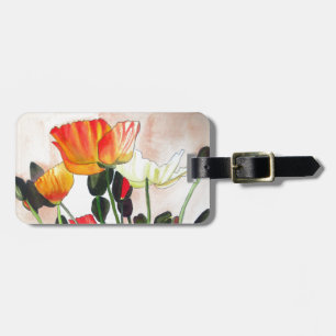 Etiqueta Para Maletas Naranja Flores de adormidera pintura acuarela