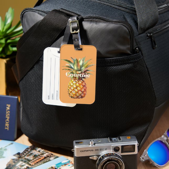 Etiqueta Para Maletas Naranja Happy Tropical Pineapple (Anverso & Reverso)