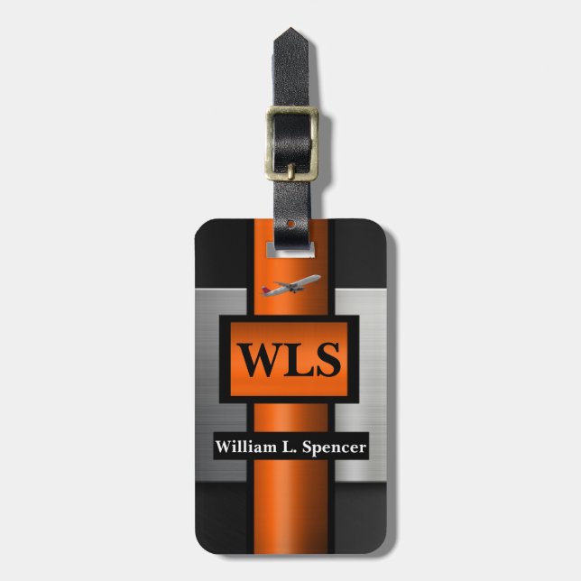 Etiqueta Para Maletas Naranja Metalizado falso Monograma gris negro (Frente Vertical)