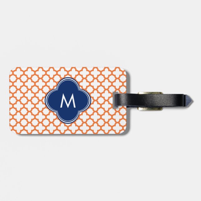 Etiqueta Para Maletas Naranja monogramado y Cuarteto azul real (Atrás Horizontal)