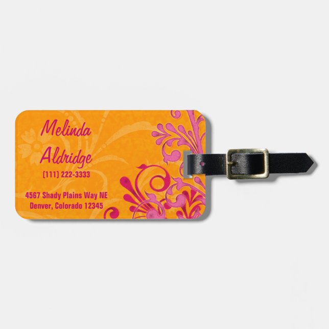 Etiqueta Para Maletas Naranja rosa vibrante Resumen Floral personalizada (Frente Horizontal)