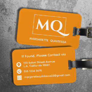 Etiqueta Para Maletas Naranja Tangerino Sencillo y Monograma Blanco