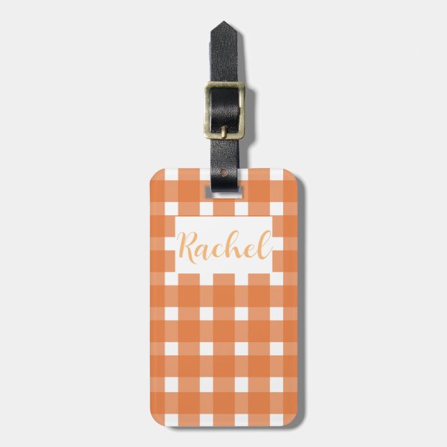 Etiqueta Para Maletas Naranja White Gingham Personalizado (Frente Vertical)
