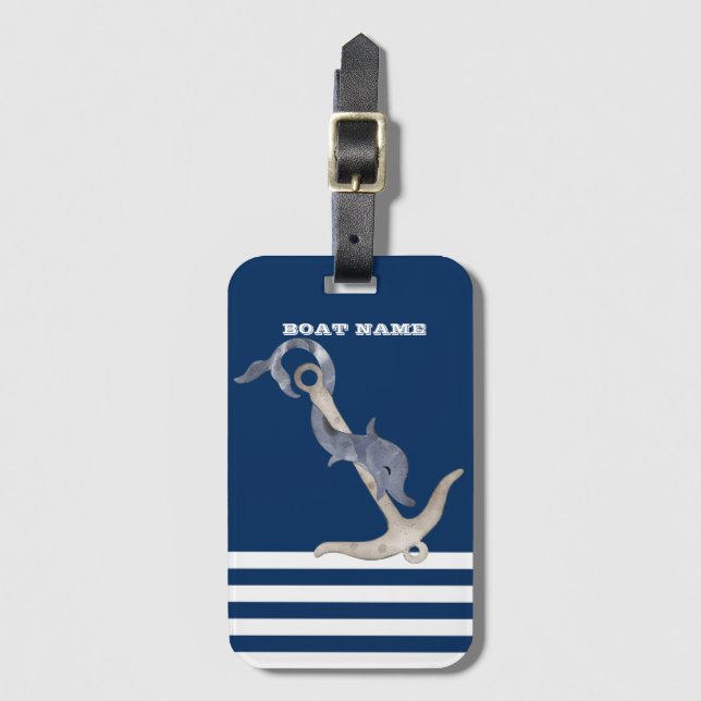Etiqueta Para Maletas Náutica, Anchor Dolphin Navy Blue Stried (Anverso vertical)