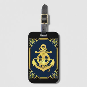 Etiqueta Para Maletas Náutica de la rueda/ancla marina-azul/oro