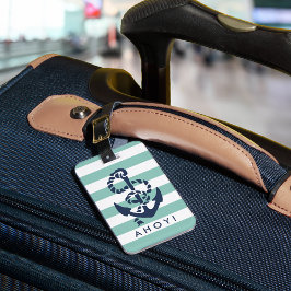 Etiqueta Para Maletas Nautical Mint Stripe Naval Anchor Personalizado