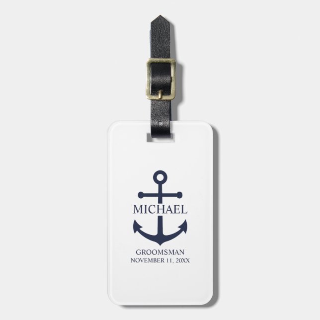 Etiqueta Para Maletas Nautical Navy Blue Anchor Personalizado Groomsmen (Frente Vertical)