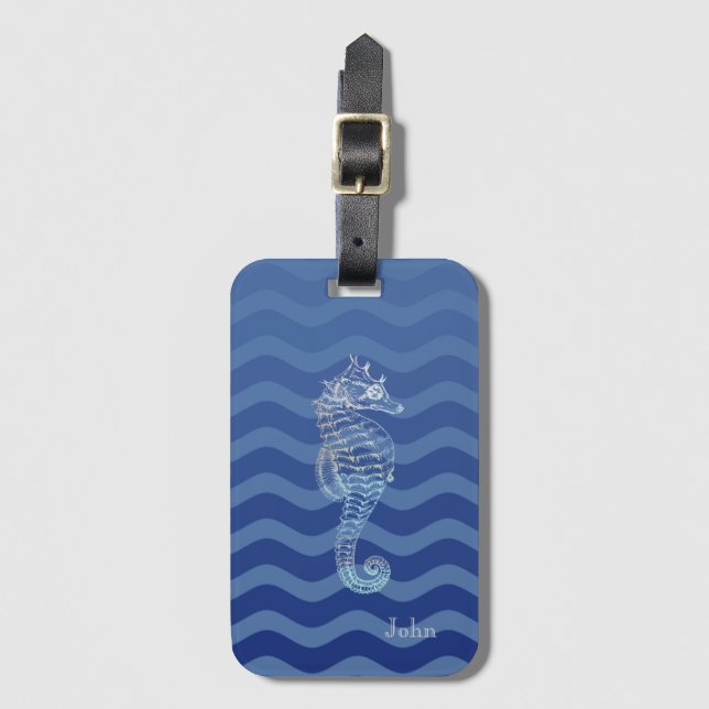Etiqueta Para Maletas Nautical Navy Blue Stripe Waves Seahorse (Anverso vertical)