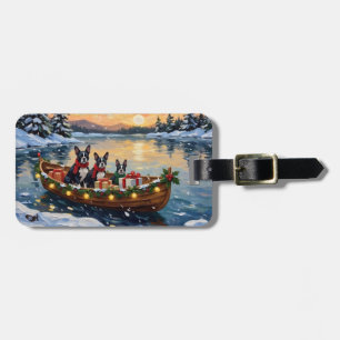 Etiqueta Para Maletas Navidad con barco de Boston Terrier