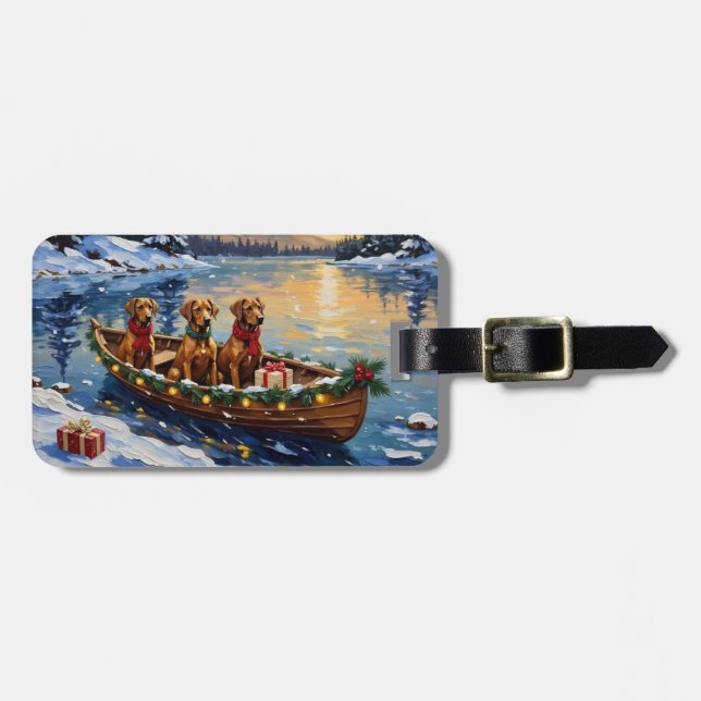 Etiqueta Para Maletas Navidad en Barco con Rhodesian Ridgeback (Frente Horizontal)