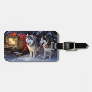 Etiqueta Para Maletas Navidades de Alaskan Malamute Snowy Sleigh Ride