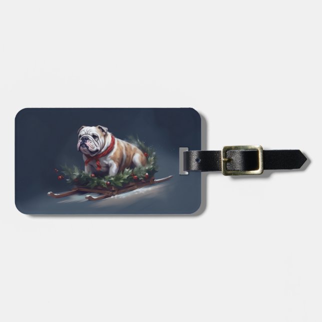 Etiqueta Para Maletas Navidades de bulldog nevan invierno (Frente Horizontal)