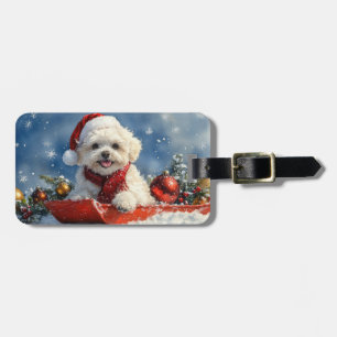 Etiqueta Para Maletas Navidades de la niebla de Bichon Frise Dog en Sled