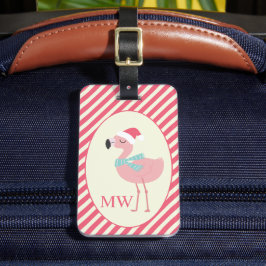 Etiqueta Para Maletas Navidades de Santa Flamingo w Pink Candy Cane Stri