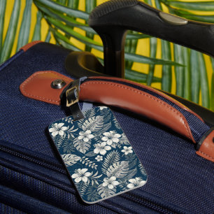 Etiqueta Para Maletas Navy Blue Hibiscus Monstera Tropical Botanical