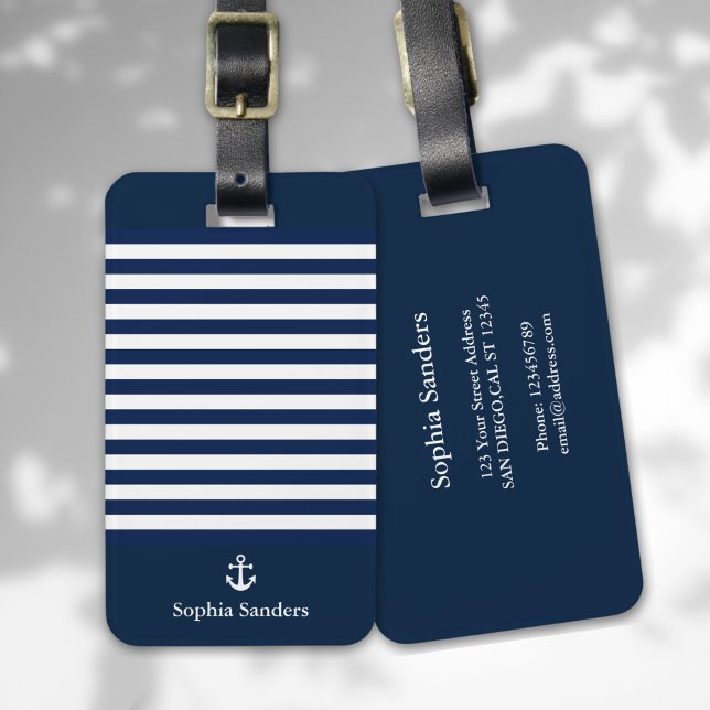Etiqueta Para Maletas Navy Blue Striped Nautical Pattern (Subido por el creador)