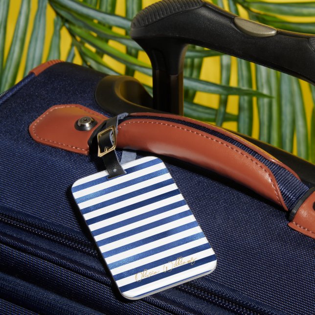 Etiqueta Para Maletas Navy Blue & White Stripes Coastal Nautical Design (Anverso In situ 1)
