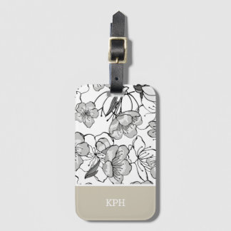 Etiqueta Para Maletas Negro floral, blanco y blanco con monograma