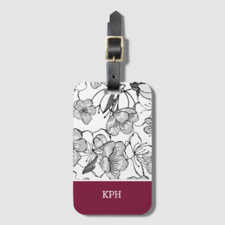 Etiqueta Para Maletas Negro floral, blanco y rojo con monograma