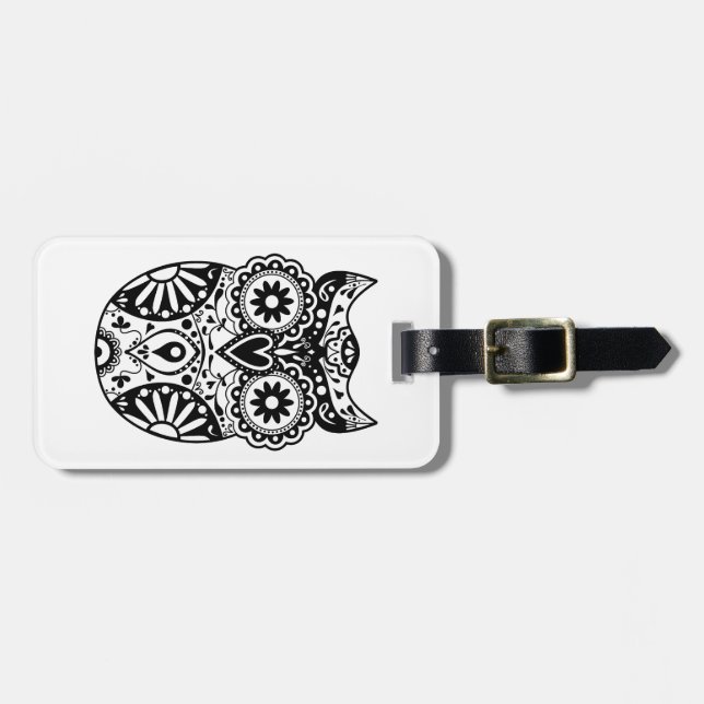 Etiqueta Para Maletas Negro y blanco del búho del cráneo del azúcar (Frente Horizontal)