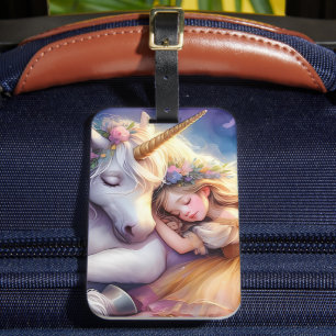 Etiqueta Para Maletas Niña Durmiendo Paisaje de Ensueño de Unicornio