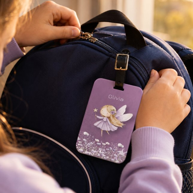 Etiqueta Para Maletas Niñas Hadas Moradas Lindas (Monogrammed bag tag. Perfect for school, sports, travel. Cute fairy with person's name. )