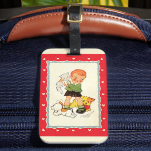 Etiqueta Para Maletas Niño Antiguo Salvando un Gatito de Cachorros de Ca