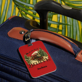 Etiqueta Para Maletas Niños Fiesta Cree Tren de Navidad Rojo Vintage