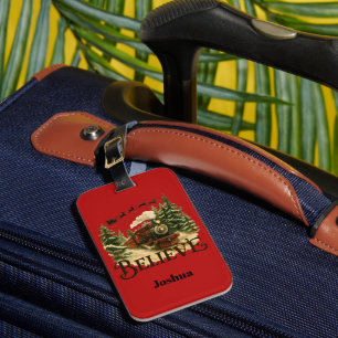 Etiqueta Para Maletas Niños Fiesta Cree Tren de Navidad Rojo Vintage