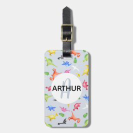 Etiqueta Para Maletas Niños Monograma del patrón de dinosaurios recortad