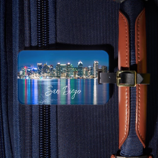 Etiqueta Para Maletas Noche del Skyline de San Diego (Anverso In situ 4)