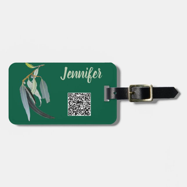 Etiqueta Para Maletas Nombrado verde oscuro con hojas de acuarela (Frente Horizontal)