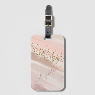 Etiqueta Para Maletas Nombre con letra cursiva rosa dorado con brillo mo