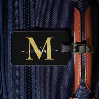 Etiqueta Para Maletas Nombre con letra script monograma dorado y negro m
