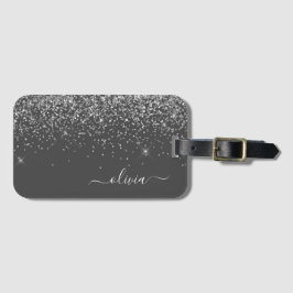 Etiqueta Para Maletas Nombre con Monograma de Brillo Plateado Gris Chica