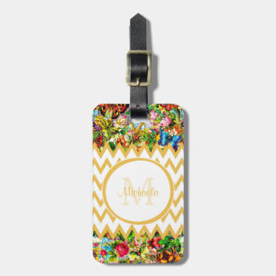 Etiqueta Para Maletas Nombre con monograma floral Chevron del vintage