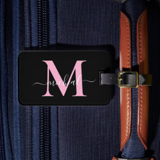 Etiqueta Para Maletas Nombre de bebé lindo rosa y negro con monograma y