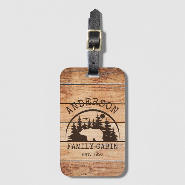 Etiqueta Para Maletas Nombre de cabina familiar madera rústica personali (Anverso vertical)