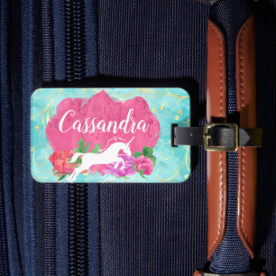 Etiqueta Para Maletas Nombre de Chicas azul rosa unicornio de flores de 