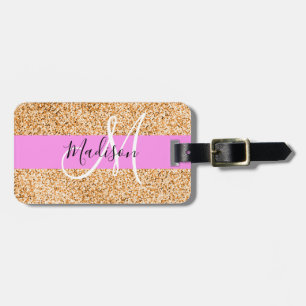 Etiqueta Para Maletas Nombre de monograma con brillo rosa y cobre Glam