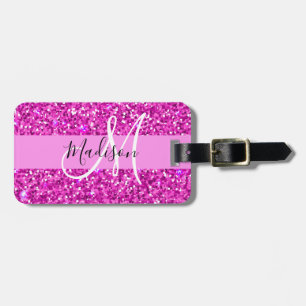 Etiqueta Para Maletas Nombre de monograma con brillo rosa y magenta Glam