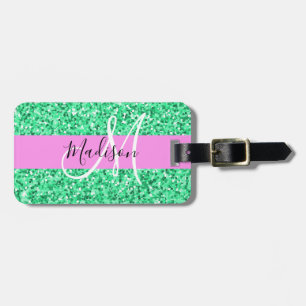 Etiqueta Para Maletas Nombre de monograma con brillo rosa y verde Glam