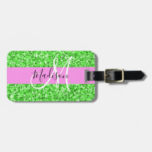 Etiqueta Para Maletas Nombre de monograma con brillo rosa y verde Glam