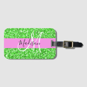 Etiqueta Para Maletas Nombre de monograma con brillo rosa y verde Glam