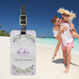 Etiqueta Para Maletas Nombre de monograma de flores de plata violeta de 