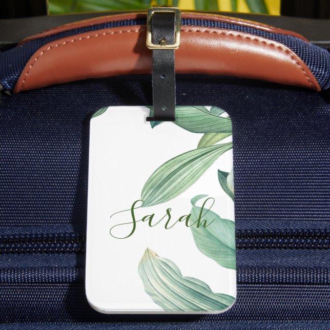 Etiqueta Para Maletas Nombre de monograma de hojas tropicales verdes (Anverso In situ 2)