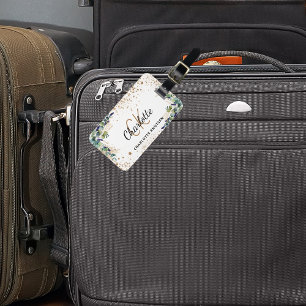 Etiqueta Para Maletas Nombre de monograma del purpurina de oro Eucalyptu