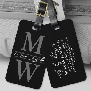 Etiqueta Para Maletas Nombre de monograma elegante negro