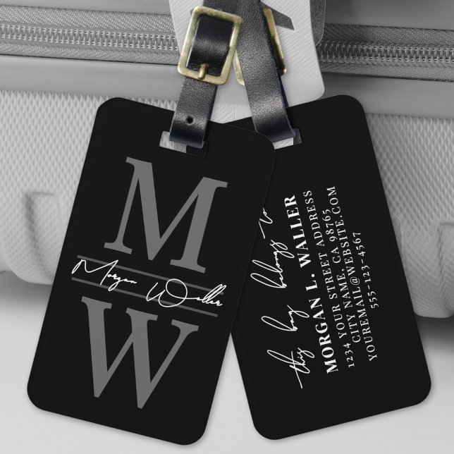 Etiqueta Para Maletas Nombre de Monograma Elegante Negro (Black Elegant Monogram Name Luggage Tag )
