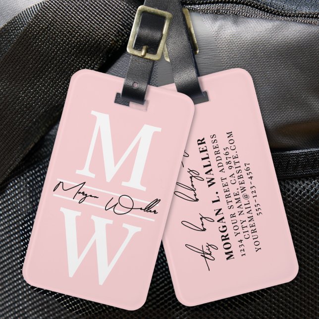 Etiqueta Para Maletas Nombre de monograma elegante rosado de Rubor (Blush Pink Elegant Monogram Name Luggage Tag)
